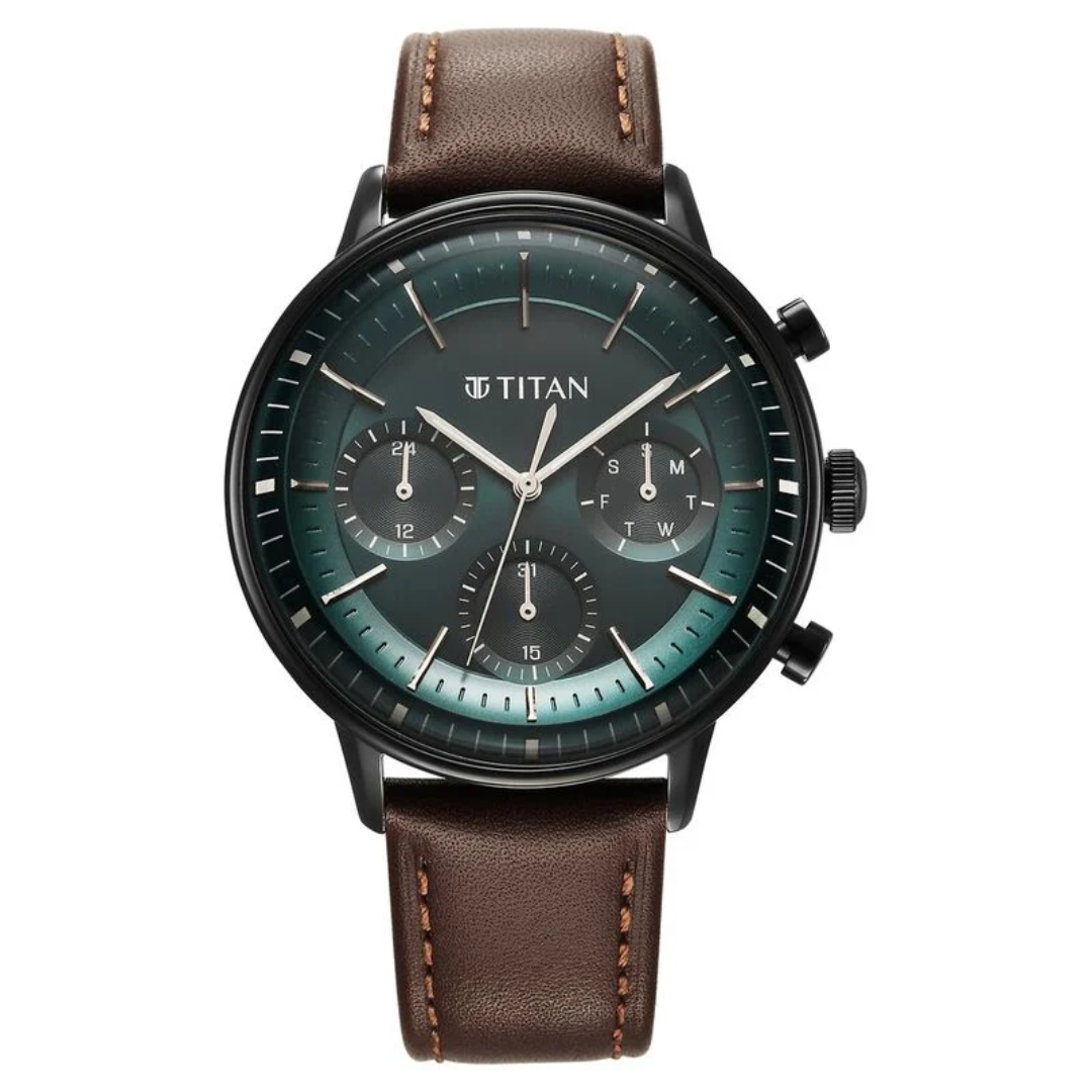 Titan Light Leathers Quartz Multifunction Black Dial Leather Strap