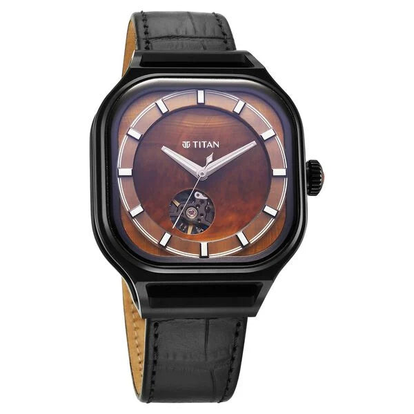 Titan Stellar Automatic Brown Dial Leather Strap Watch For Men 10008nl02