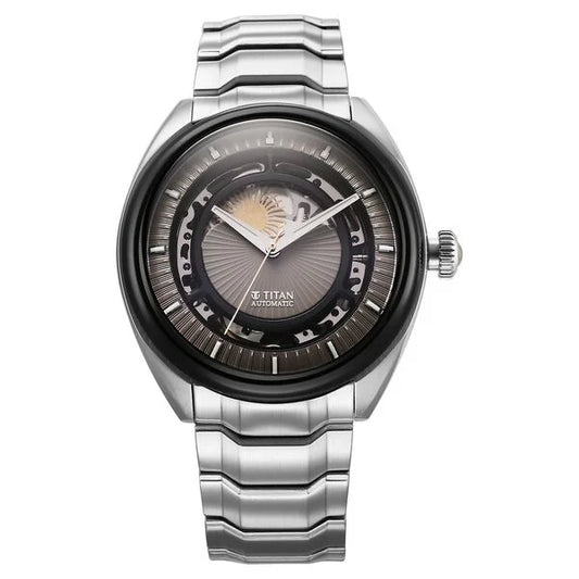 Titan Stellar Automatic Sun Moon Phase Grey Dial Stainless Steel Strap Watch For Men 10011km01