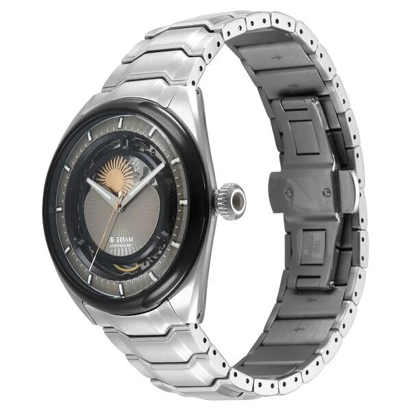 Titan Stellar Automatic Sun Moon Phase Grey Dial Stainless Steel Strap Watch For Men 10011km01