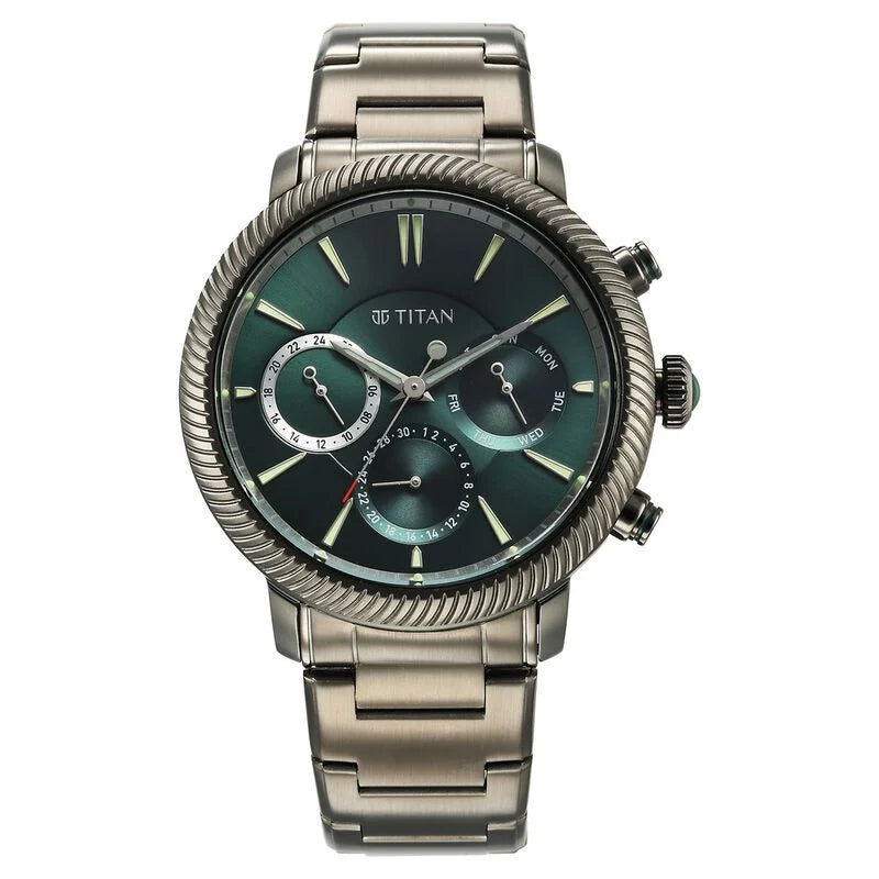 Titan Stellar Quartz Multifunction Green Dial Stainless Steel Strap Watch for Men NS10012QM01 / 10012QM01