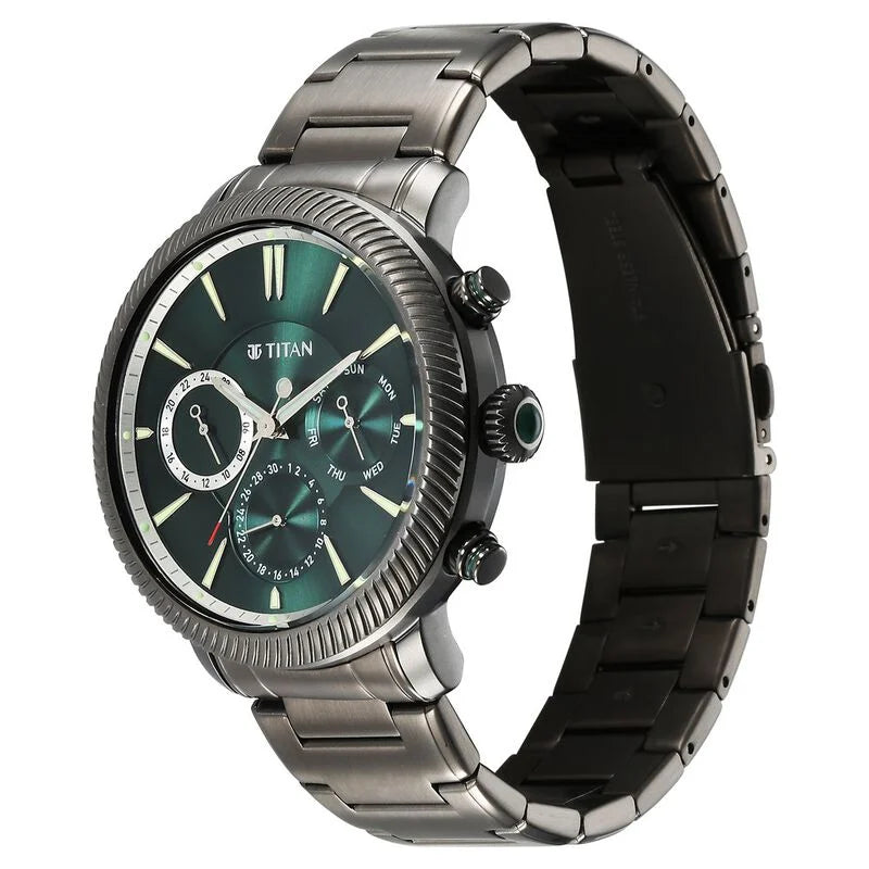 Titan Stellar Quartz Multifunction Green Dial Stainless Steel Strap Watch for Men NS10012QM01 / 10012QM01