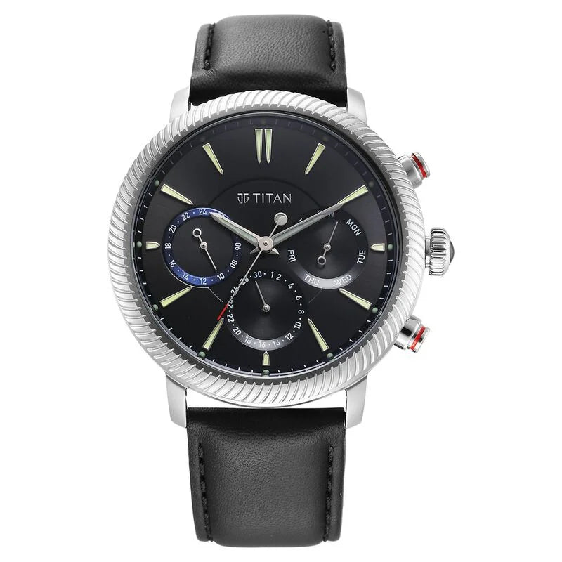 Titan Stellar Quartz Multifunction Black Dial Leather Strap Watch for Men NS10012SL01 / 10012SL01