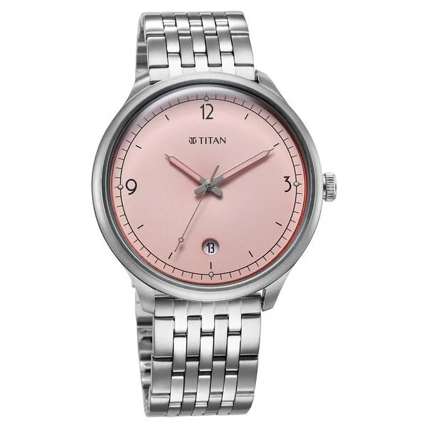 Titan Timeless Treasures Quartz Analog with Date Pink Dial With Silver Color Stainless Steel Strap Watch For Men 10023sm01