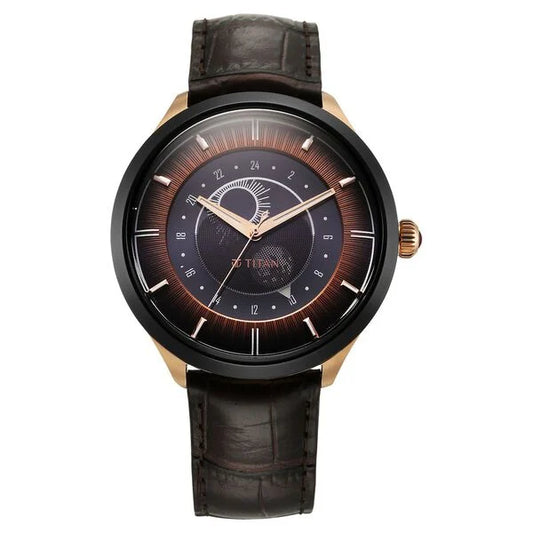 Titan Stellar Quartz Analog Sun Moon Phase Brown Dial Leather Strap Watch For Men 10028kl02