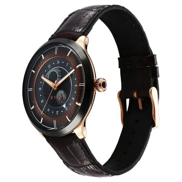 Titan Stellar Quartz Analog Sun Moon Phase Brown Dial Leather Strap Watch For Men 10028kl02