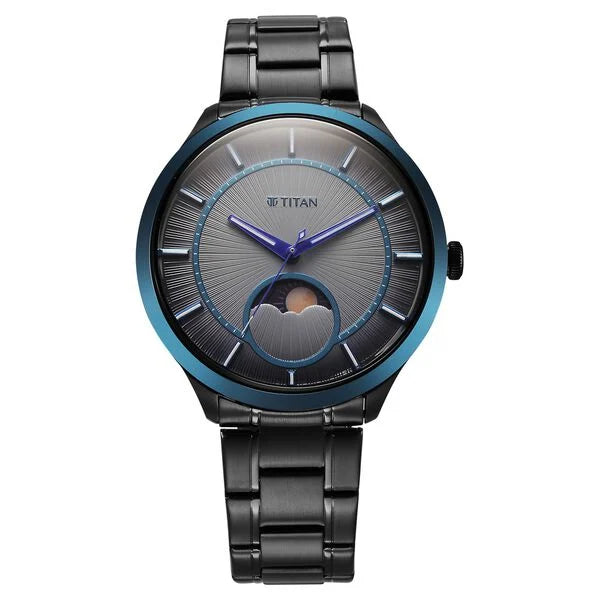 Titan Stellar Quartz Analog Sun Moon Phase Grey Dial Stainless Steel Strap Watch For Men 10028km01