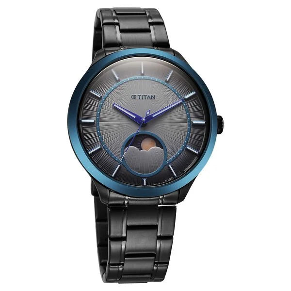 Titan Stellar Quartz Analog Sun Moon Phase Grey Dial Stainless Steel Strap Watch For Men 10028km01