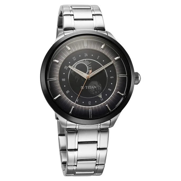 Titan Stellar Quartz Analog Sun Moon Phase Grey Dial Stainless Steel Strap Watch For Men 10028km02