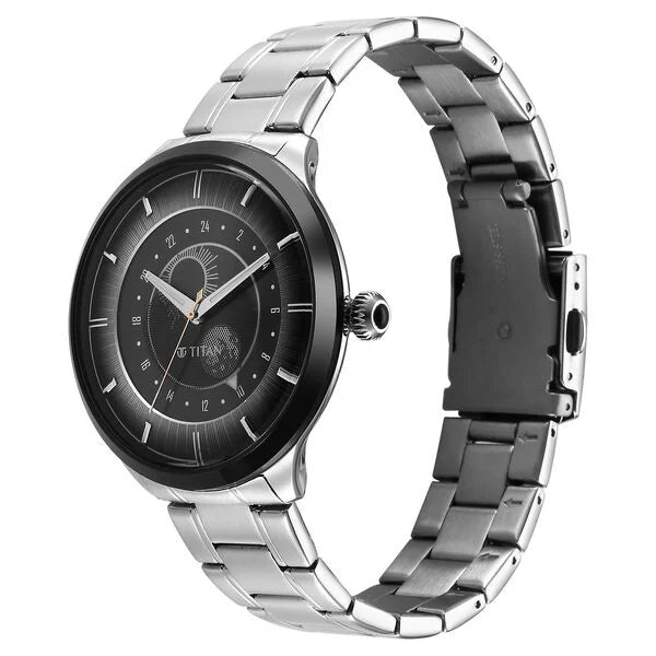 Titan Stellar Quartz Analog Sun Moon Phase Grey Dial Stainless Steel Strap Watch For Men 10028km02