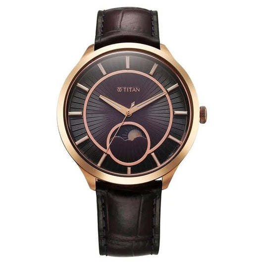 Titan Stellar Quartz Analog Sun Moon Phase Purple Dial Leather Strap Watch For Men 10028wl01