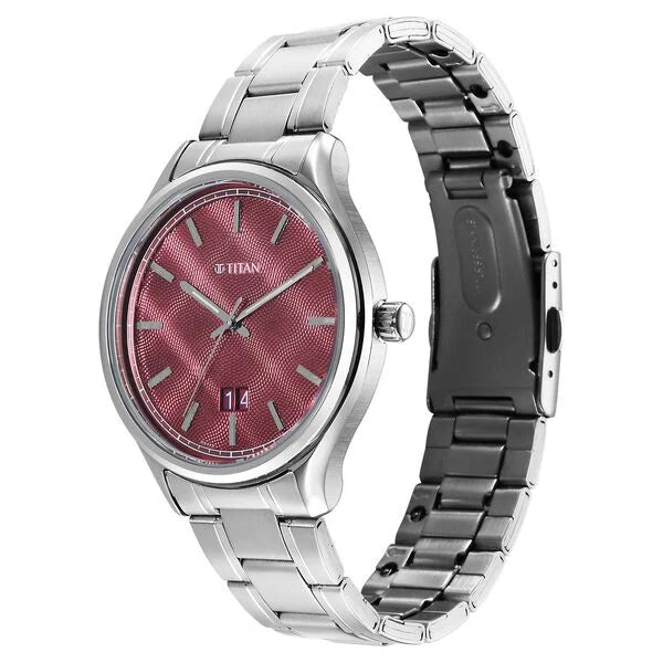 Titan Palette Of Time Quartz Analog with Date Maroon Dial Stainless Steel Strap Watch For Men 10033sm02