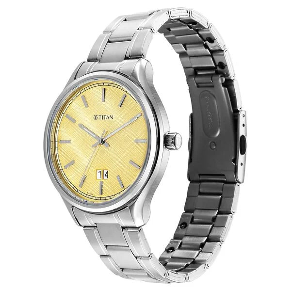 Titan Palette Of Time Quartz Analog with Date Yellow Dial Stainless Steel Strap Watch For Men 10033sm06