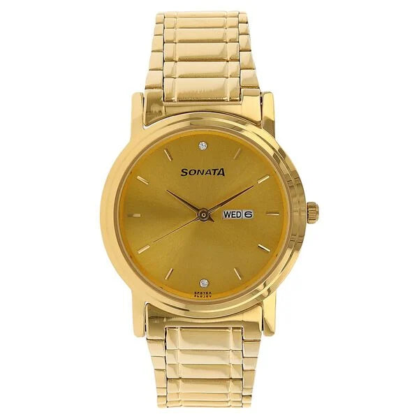 Sonata Quartz Analog with Day and Date Champagne Dial Stainless Steel Strap Watch for Men np1141ym10 / 1141ym10