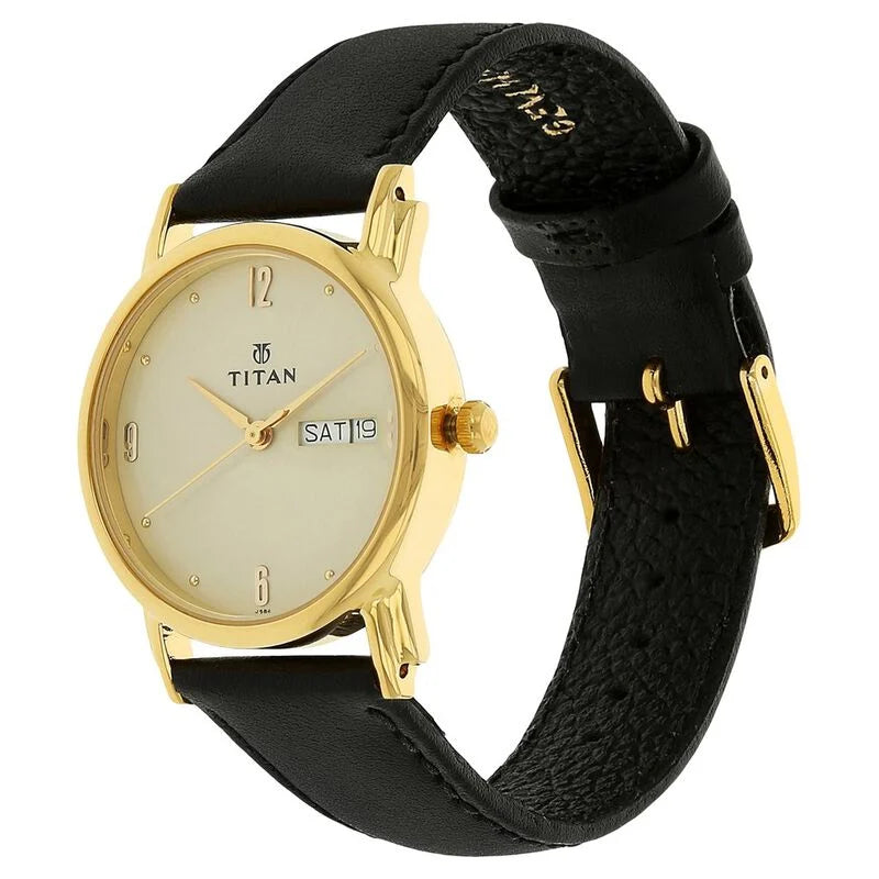 Titan Karishma Champagne Dial Analog with Day and Date Leather Strap watch for Men NM1445YL05 / 1445YL05