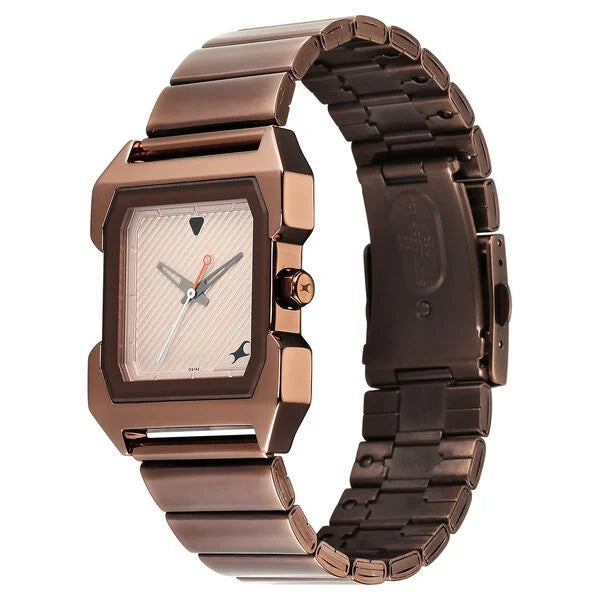 Fastrack Pulse Quartz Analog Beige Dial With Brown Colour Stainless steel Strap Watch for Guys 1474qm02