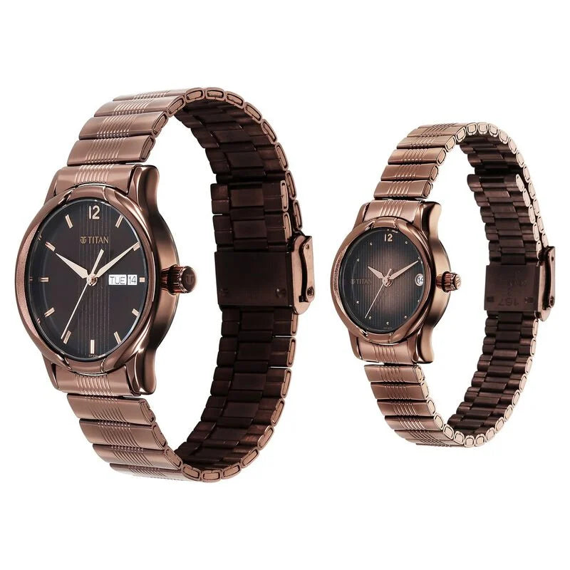 Titan Bandhan Quartz Analog with Date Brown Dial Stainless Steel Strap Watch for Couple 15802490QM01P