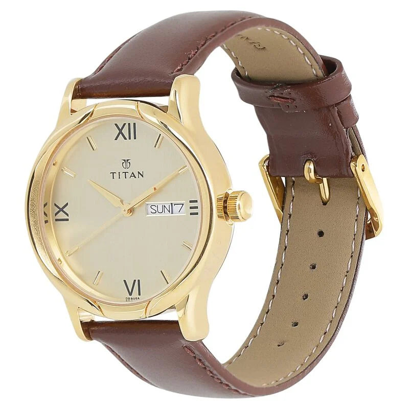 Titan Champagne Dial Analog with Day and Date Leather Strap watch for Men NS1580YL05 / 1580YL05