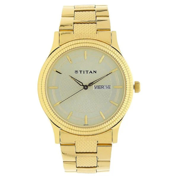 Titan Analog with Day and Date Quartz Champagne Dial Metal Round Stainless Steel Strap watch for Men ns1650ym06 / 1650ym06