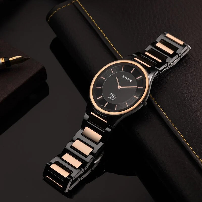 Titan Edge Ceramic Quartz in Midnight Gold with Black Dial Watch for Men NS1696KC01 / 1696KC01