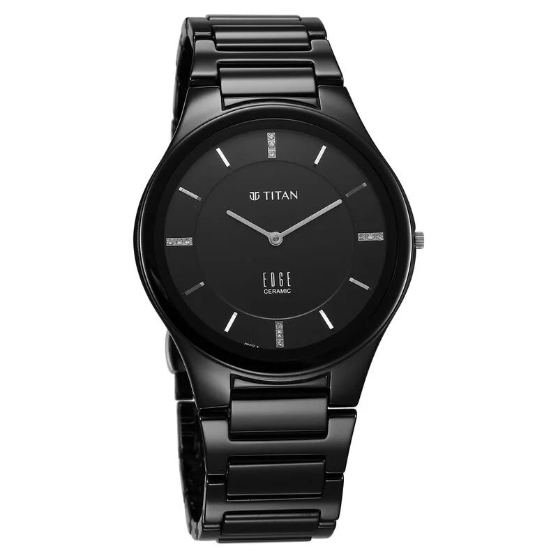 Titan Edge Ceramic Quartz in Glossy Black with Diamonds and Black Dial Watch for Men 1696NC12