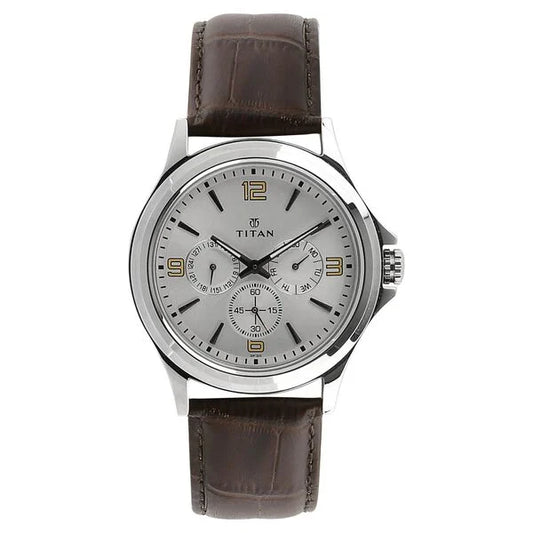 Titan Quartz Multifunction Silver Dial Leather Strap Watch for Men ns1698sl01 / 1698sl01