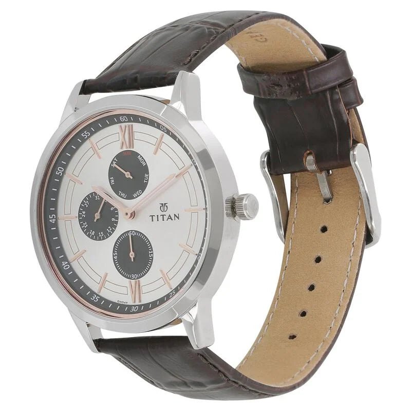 Titan Quartz Multifunction White Dial Leather Strap Watch for Men NQ1769SL04 / 1769SL04