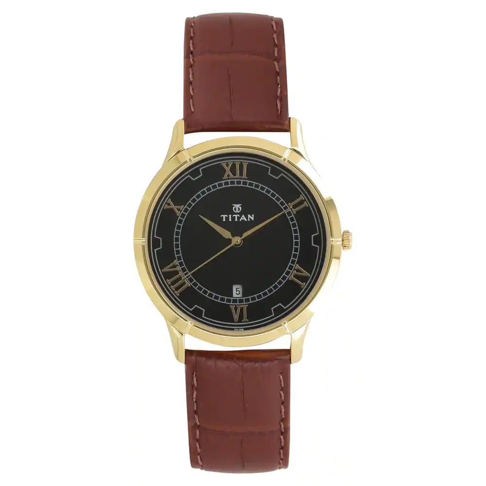 Titan Black Dial Brown Leather Strap Watch NP1775YL01 (DH368)