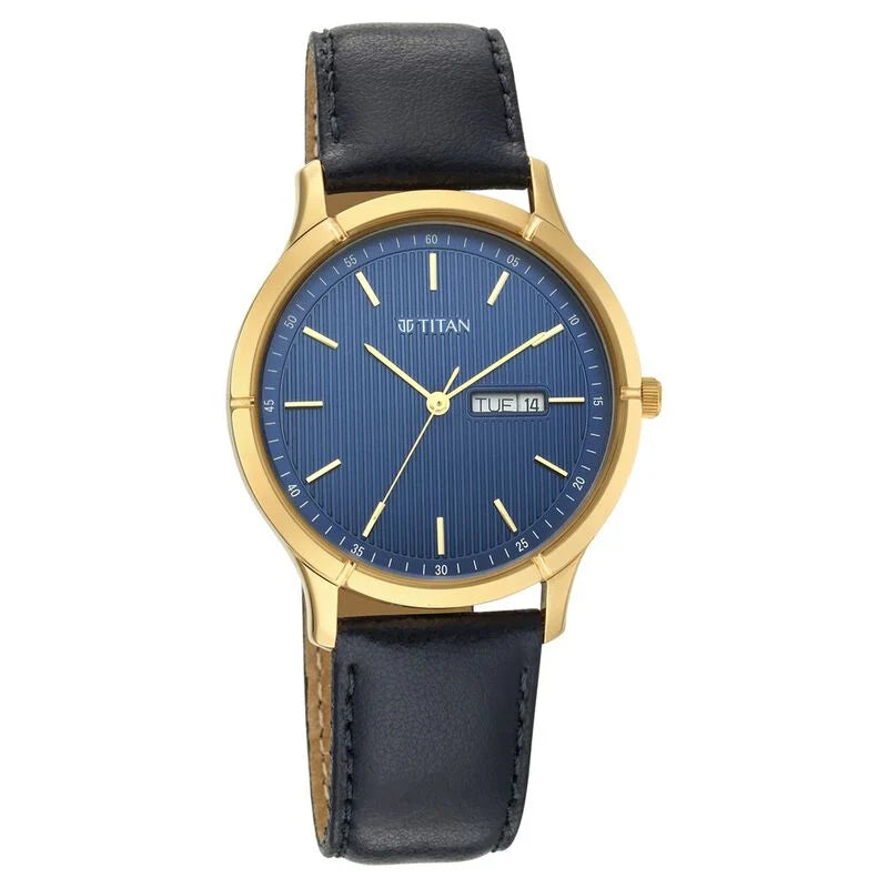 Titan Lagan Blue Dial Analog with Day and Date Leather Strap Watch for Men NS1775YL02