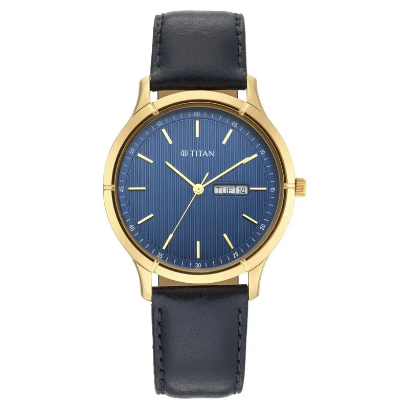 Titan Lagan Blue Dial Analog with Day and Date Leather Strap Watch for Men NS1775YL02