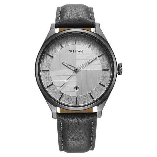 Titan Neo Economy Quartz Analog with Date Silver Dial Grey Leather Strap Watch For Men 1802ql01