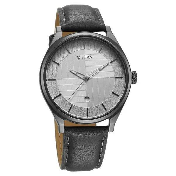 Titan Neo Economy Quartz Analog with Date Silver Dial Grey Leather Strap Watch For Men 1802ql01