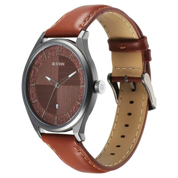 Titan Neo Economy Quartz Analog with Date Brown Dial Brown Leather Strap Watch For Men 1802ql02