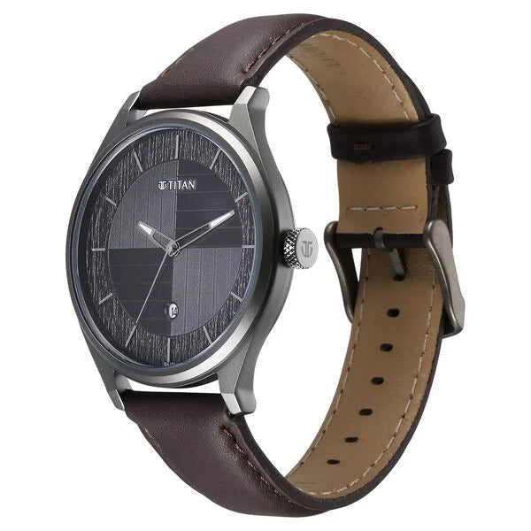 Titan Neo Economy Quartz Analog with Date Grey Dial Brown Leather Strap Watch For Men 1802ql03