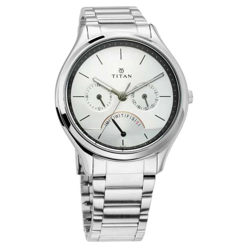 Titan Quartz Multifunction Silver Dial Stainless Steel Strap Watch for Men NQ1803SM01 / 1803SM01