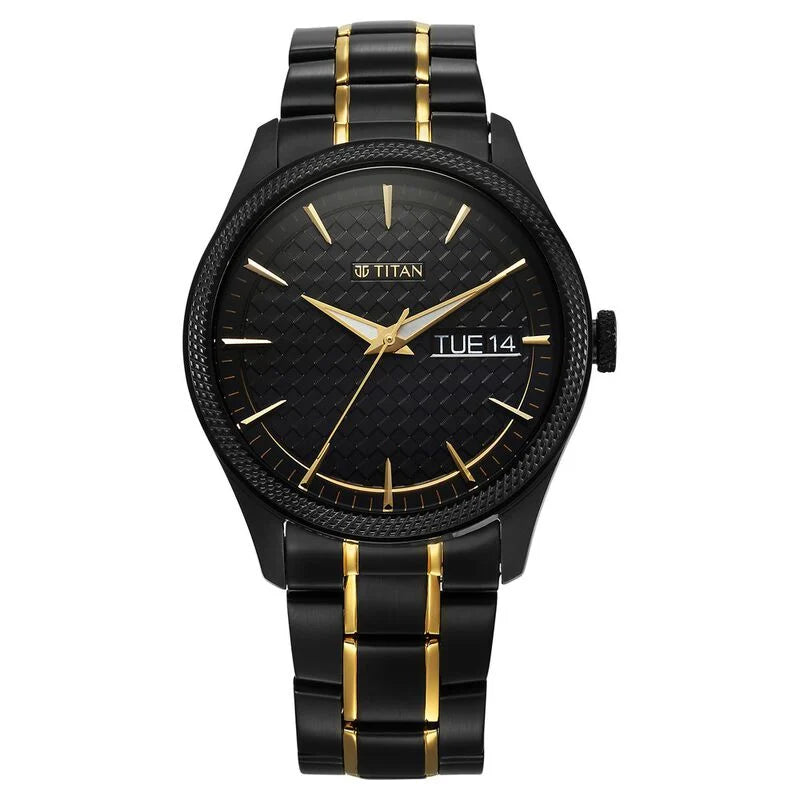 Titan Regalia Opulent Quartz Analog with Day and Date Black Dial Two Toned Stainless Steel Strap Watch for Men 1805KM10