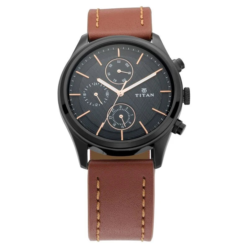 Titan Men's Metropolitan Charm: Men's Multifunctional Black Watch with Leather Strap NS1805NL01 / 1805NL01