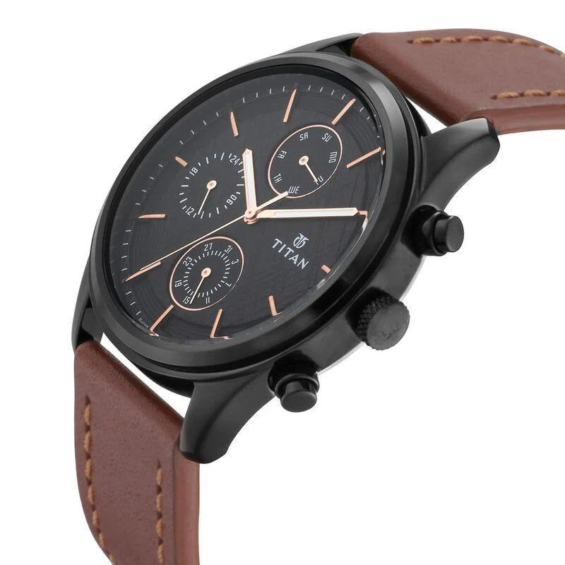 Titan Men's Metropolitan Charm: Men's Multifunctional Black Watch with Leather Strap NS1805NL01 / 1805NL01