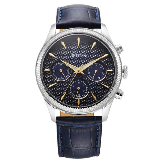 Titan Regalia Opulent Quartz Analog with Day and Date Blue Dial Blue Leather Strap Watch for Men 1805SL13