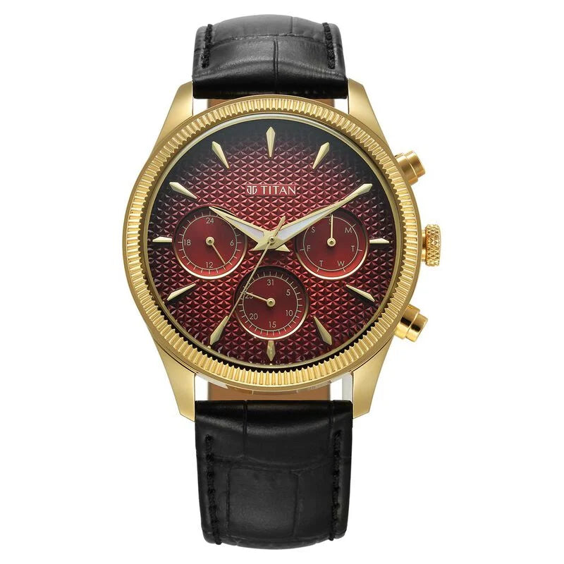 Titan Regalia Opulent Quartz Analog with Day and Date Red Dial Black Leather Strap Watch for Men 1805YL01