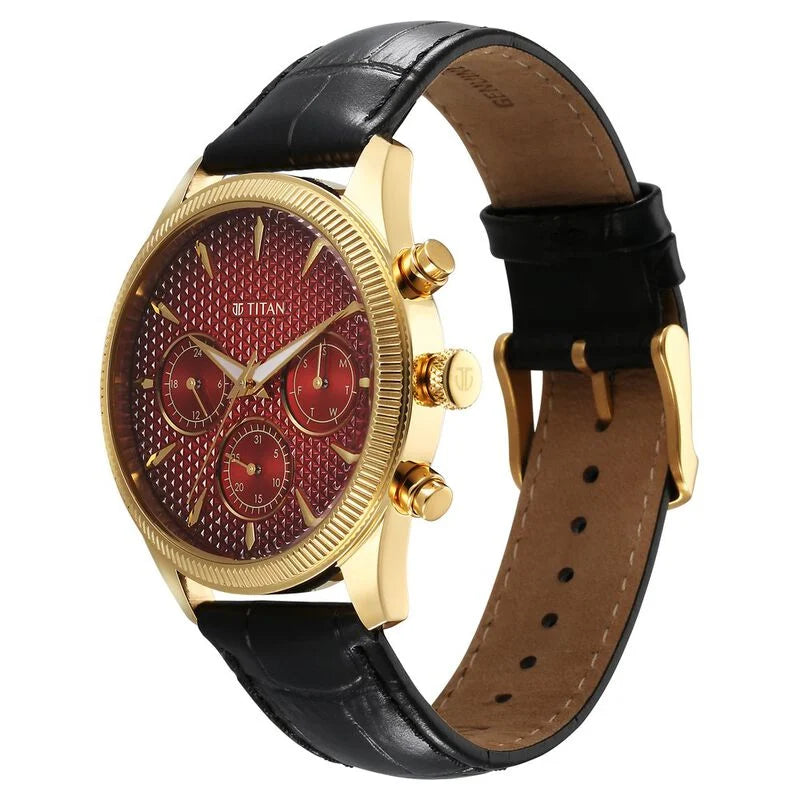 Titan Regalia Opulent Quartz Analog with Day and Date Red Dial Black Leather Strap Watch for Men 1805YL01