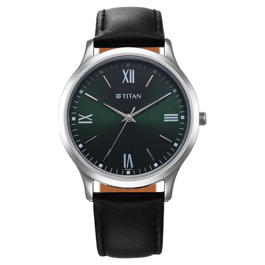 Titan Karishma Quartz Analog Green Dial Leather Strap Watch for Men 1825SL16