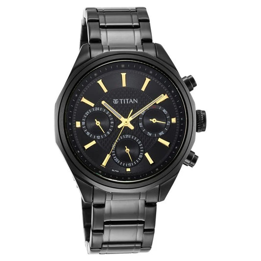 Titan Quartz Multifunction Black Dial Stainless Steel Strap Watch for Men NS1829NM02 / 1829NM02