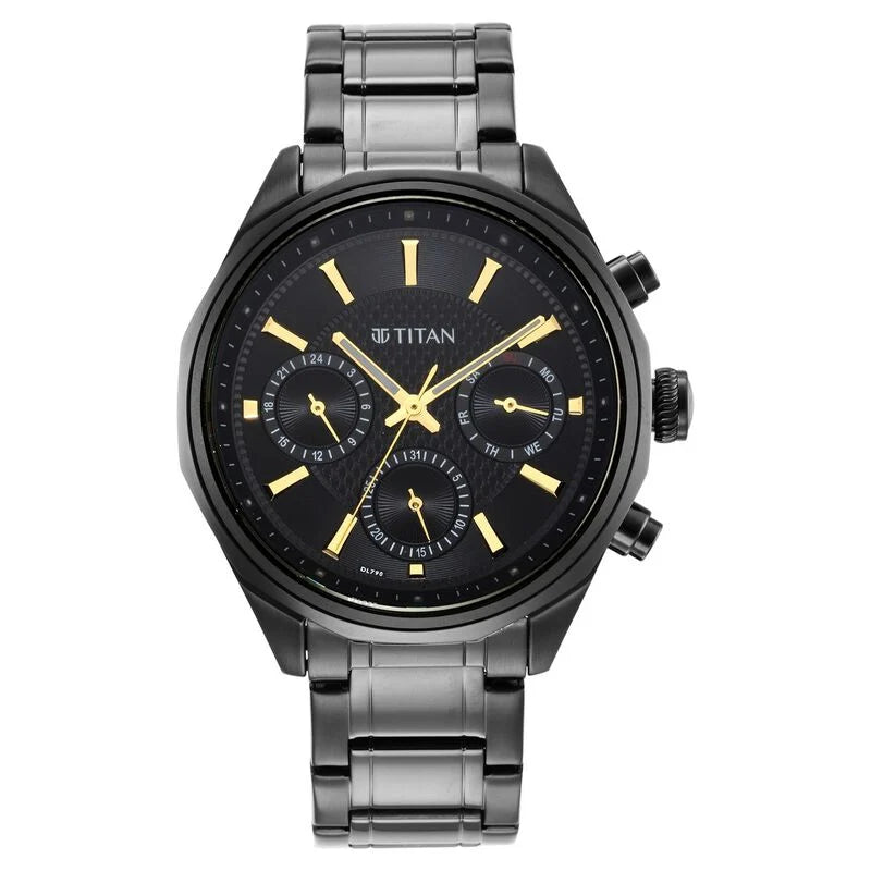 Titan Quartz Multifunction Black Dial Stainless Steel Strap Watch for Men NS1829NM02 / 1829NM02