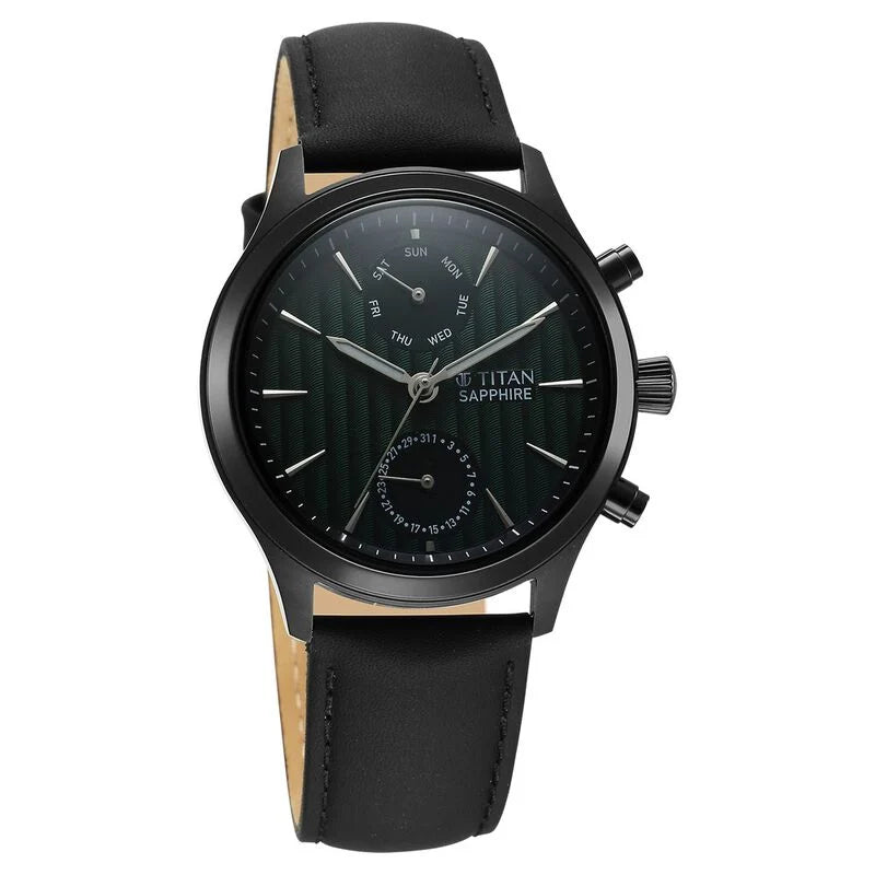 Titan Sapphire Multifunction Quartz Analog with Day and Date Green Dial Leather Strap Watch for Men 1874NL01