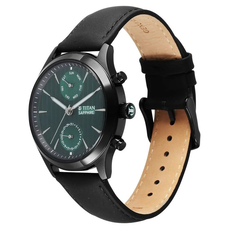 Titan Sapphire Multifunction Quartz Analog with Day and Date Green Dial Leather Strap Watch for Men 1874NL01