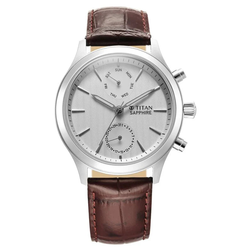 Titan Sapphire Multifunction Quartz Analog with Day and Date White Dial Leather Strap Watch for Men 1874SL03