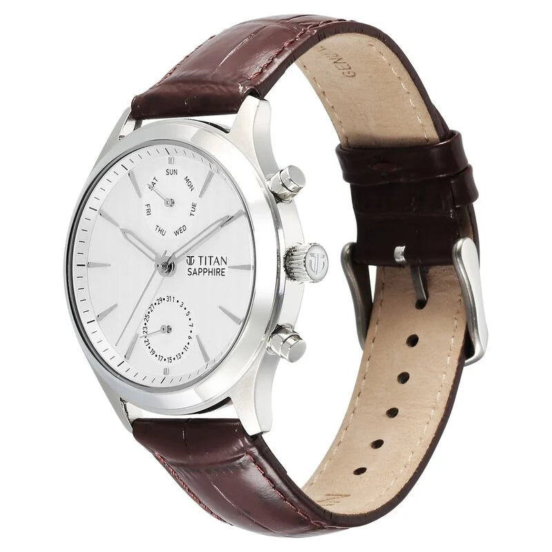 Titan Sapphire Multifunction Quartz Analog with Day and Date White Dial Leather Strap Watch for Men 1874SL03