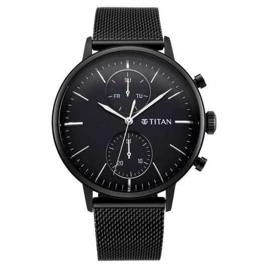 Titan Light Leathers Black Dial Quartz Multifunction Stainless Steel Strap Watch for Men 90135NM01