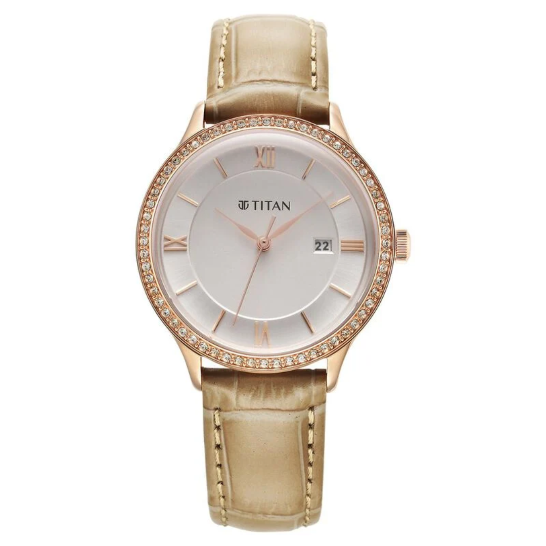 Titan Bright Leathers Silver Dial Analog with Date Leather Strap Watch for Women 95247WL04 / NS95247WL04